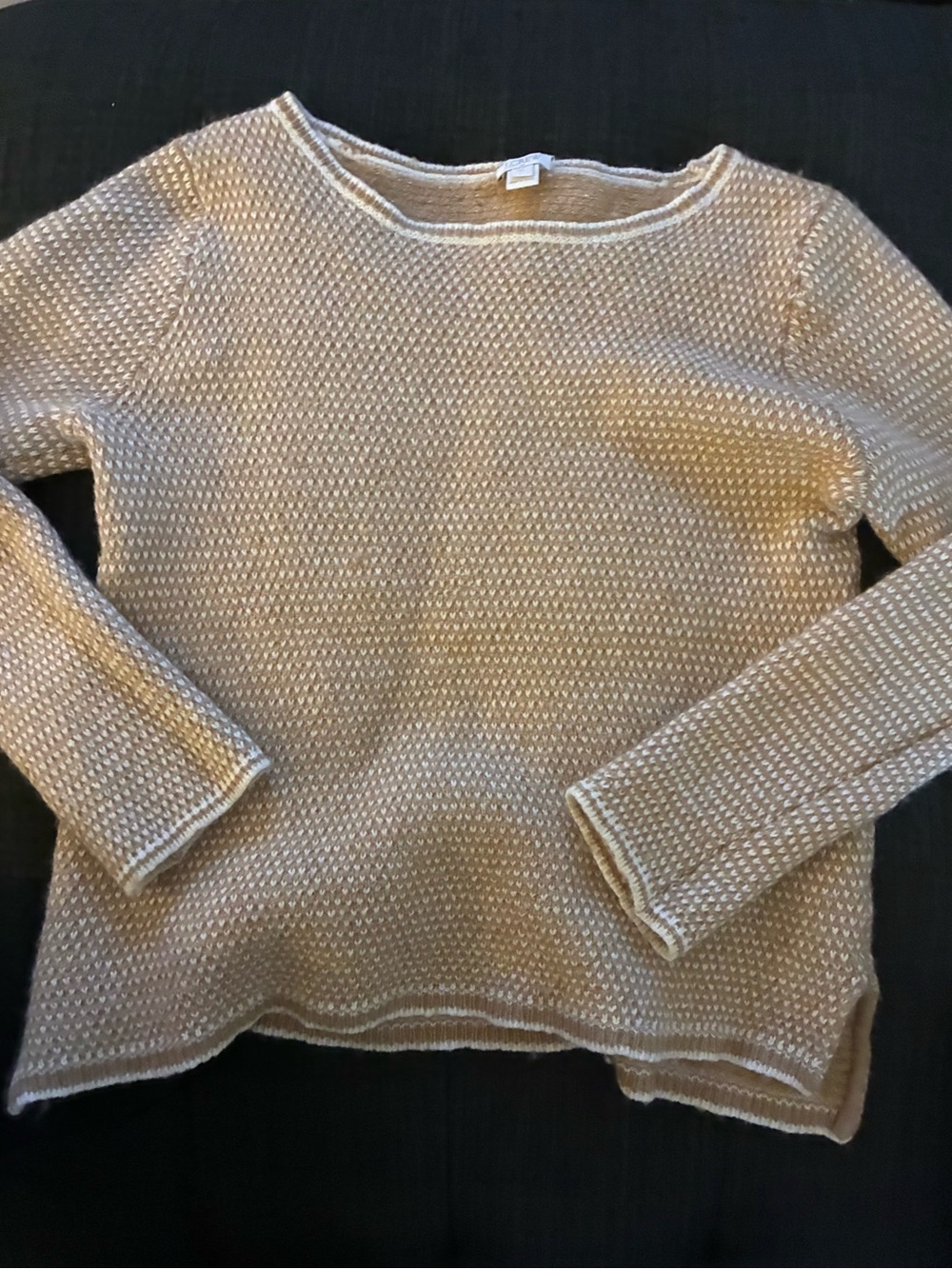 J Crew Classic Tan & Cream Knit Women's Wool Blend Sweater. Size XL-Fits Smaller